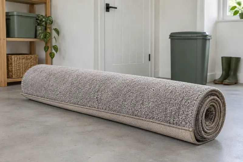 Neatly rolled grey household carpet