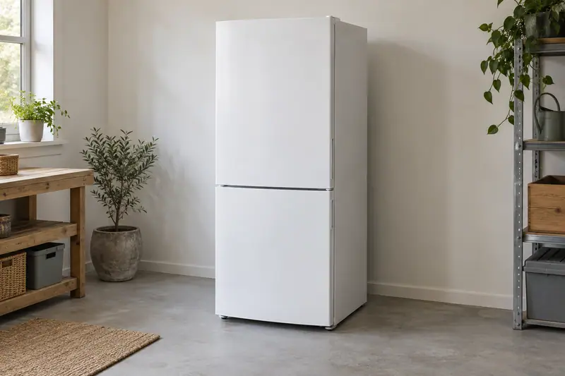 White freestanding fridge freezer with closed doors