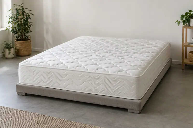 Quilted double mattress on a low platform