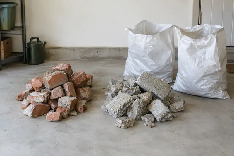 Separated brick and concrete pieces beside rubble bags