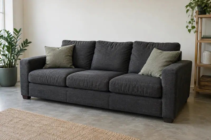 Charcoal fabric three-seat sofa in a domestic room