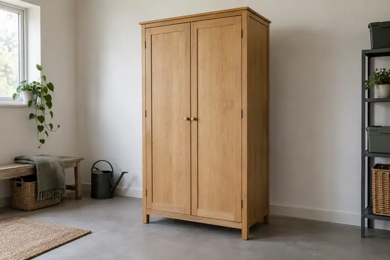 Freestanding two-door wooden wardrobe